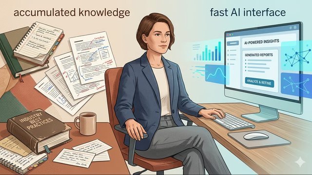 A CX professional between a desk of annotated notes and a screen of AI-generated reports