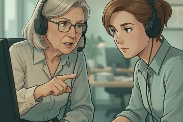 An experienced contact centre agent explaining an interaction to a newer colleague